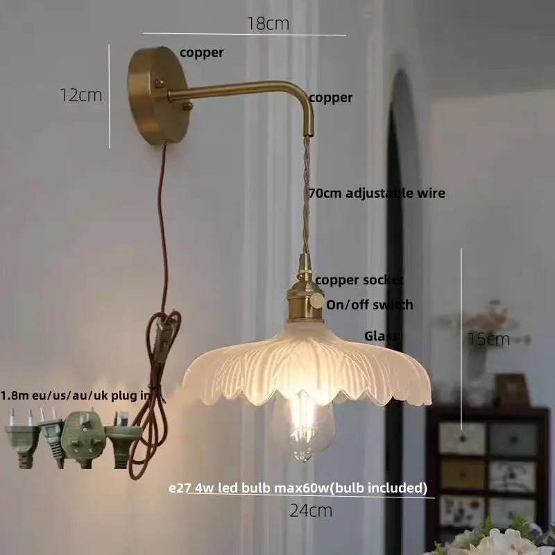 A decorbites amber vintage led wall light brass sconce with copper finish fluted glass shade and pull chain for bedroom decor