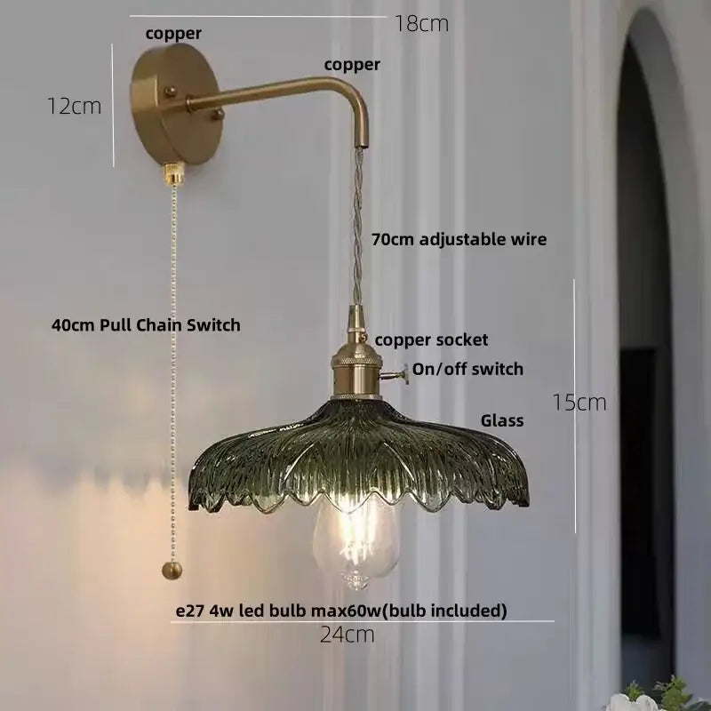 Amber vintage led wall light brass sconce with dark green scalloped glass shade and adjustable wire decorbites amber vintage