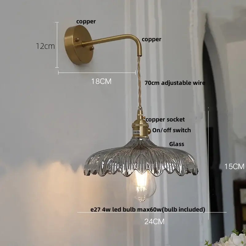 Antique brass-finished decorbites amber vintage led wall light with scalloped glass shade and adjustable copper wire arm