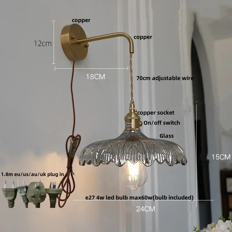 Antique brass wall light with clear fluted glass shade and adjustable copper wire for decorbites amber vintage led hallway lamp
