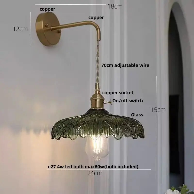 Amber vintage led wall light with copper arm and green scalloped glass shade for elegant decorbites amber vintage lighting
