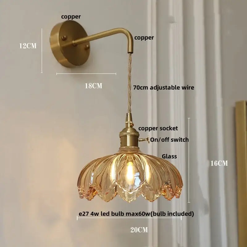 Vintage-style copper wall light with amber vintage led petal-shaped glass shade and brass pull chain decorbites amber vintage