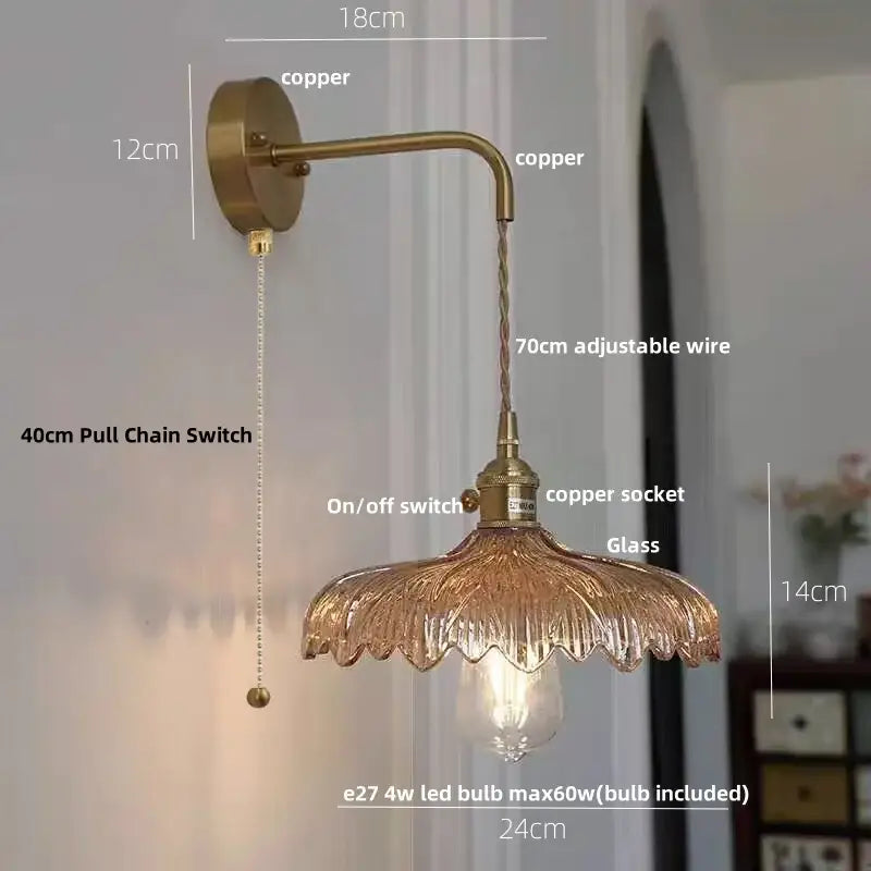 A vintage-style amber vintage led wall light with copper and brass pull chain for hallway decorbites wall light