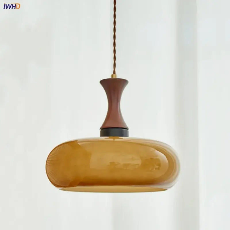 Amber wood glass pendant light for kitchen with amber led pendant, wooden neck, and twisted copper cord decorbites amber led
