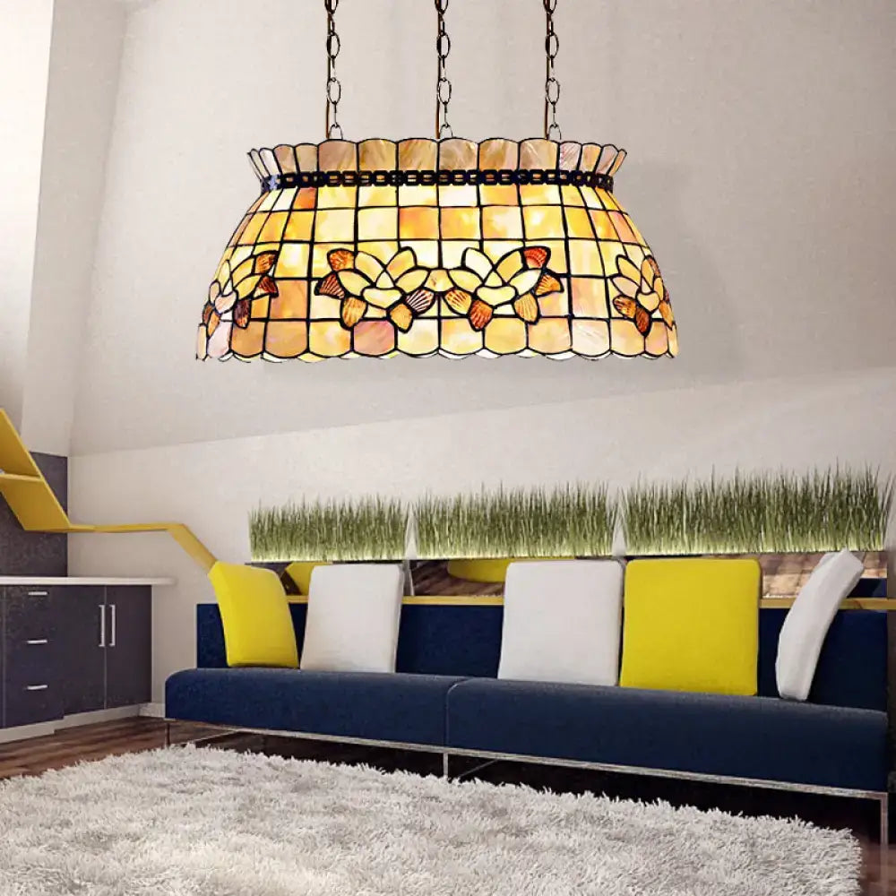 Decorbites™ handmade 3-light shell tiffany chandelier in beige with amber floral stained glass for living room fixture height and width