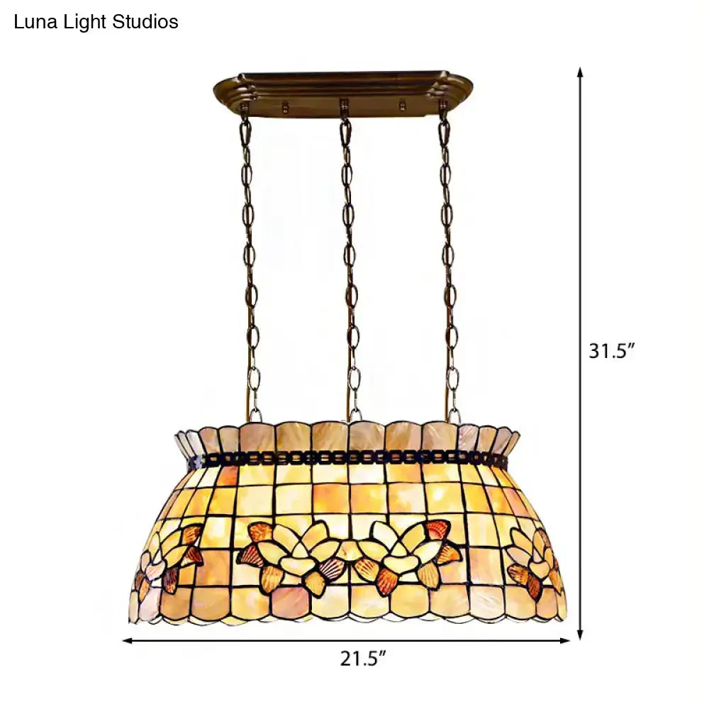 Decorbites handmade 3-light shell tiffany chandelier in beige with amber floral glass pendant light for living room fixture height