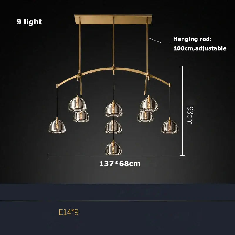 Brass-finished american copper crystal chandelier with nine clear glass pendants for living room decorbites american copper