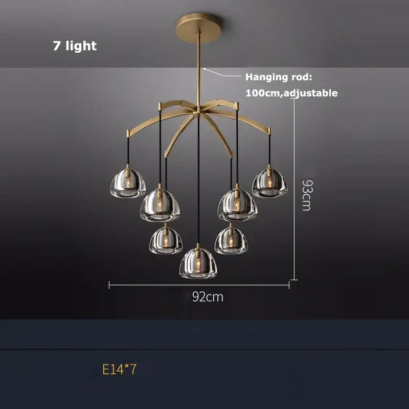Modern brass decorbites american copper crystal chandelier with seven clear glass globes and adjustable hanging rod