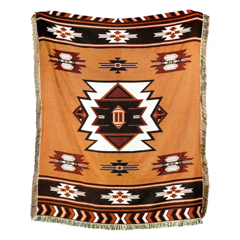 Tan woven american country plaid blanket sofa cover with bold black white maroon geometric pattern and fringe edges