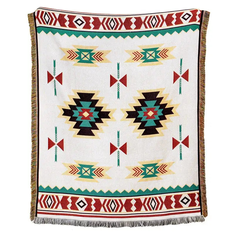 White throw blanket sofa cover with bold american country plaid geometric patterns in red teal black and beige