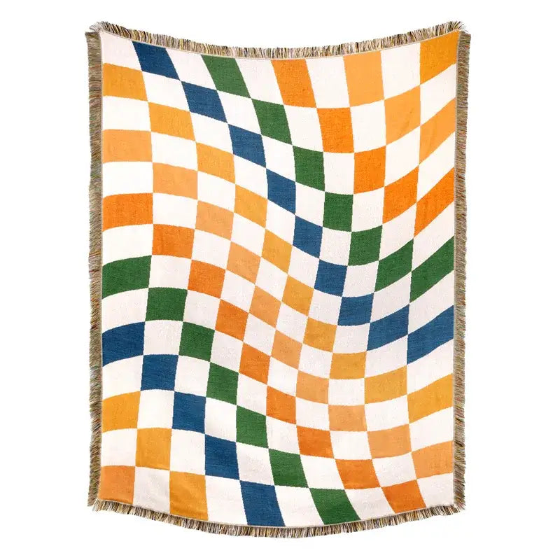 American country plaid blanket sofa cover in vibrant orange green and navy blue with textured fringe accents