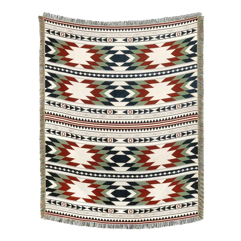 A woven american country plaid blanket sofa cover in tan blue with bold geometric patterns and fringed edges