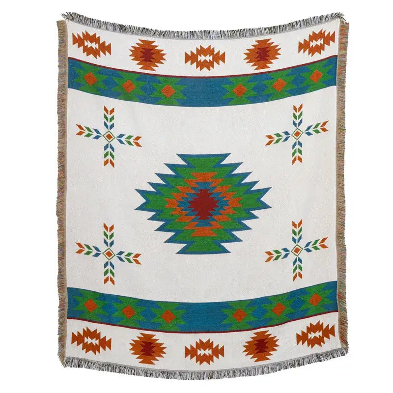 White woven throw blanket with green blue and orange geometric pattern and fringed edges as american country plaid blanket sofa cover