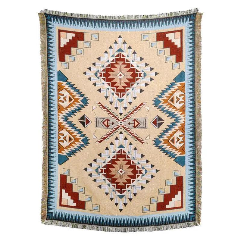 Beige woven american country plaid blanket sofa cover with red blue geometric tribal patterns and fringed edges