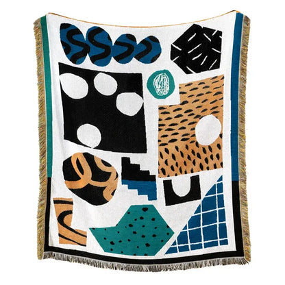 White throw blanket sofa cover with american country plaid tan blue geometric design for living room use