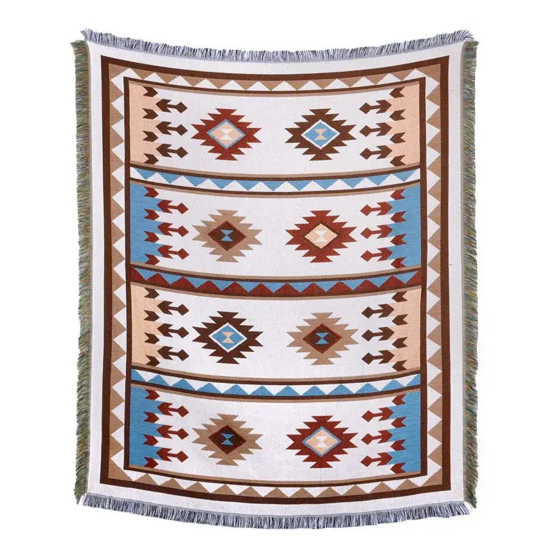 Cozy american country plaid blanket sofa cover with geometric tribal pattern in beige brown and blue with fringed edges
