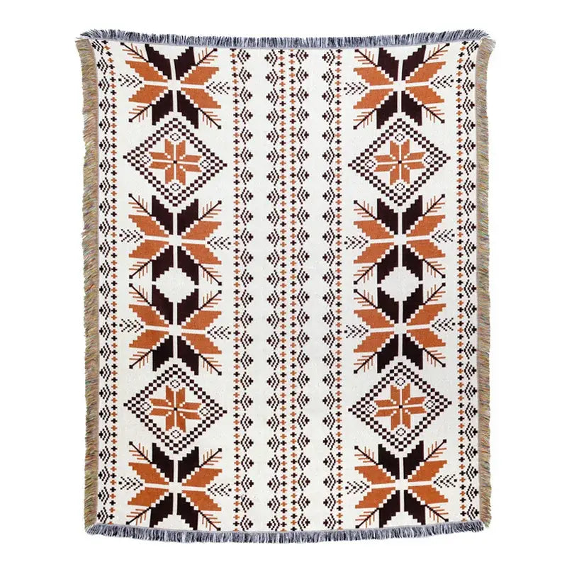 Cozy cream throw blanket with bold burnt orange and black geometric patterns and fringed edges for blanket sofa cover