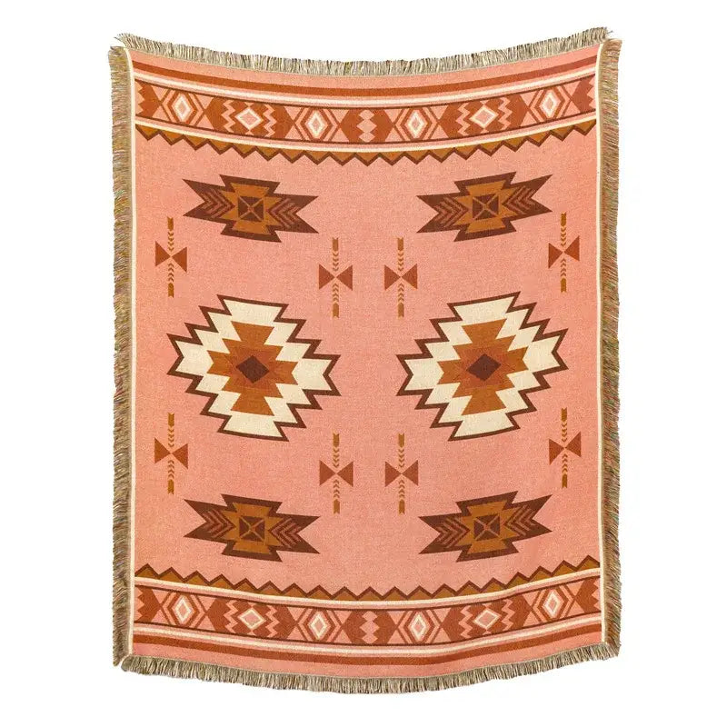 A soft peach-colored woven blanket sofa cover with geometric tribal pattern and fringed edges for american country plaid decor