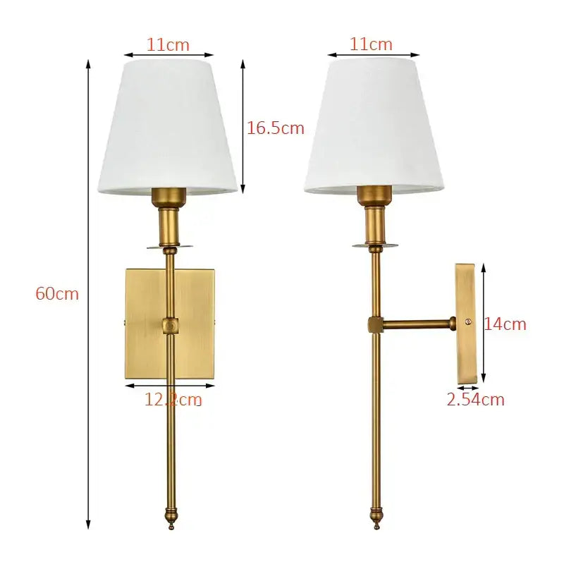 Gold-finished wall lamp with white fabric shade american fabric wall sconce for bedroom decorbites american fabric
