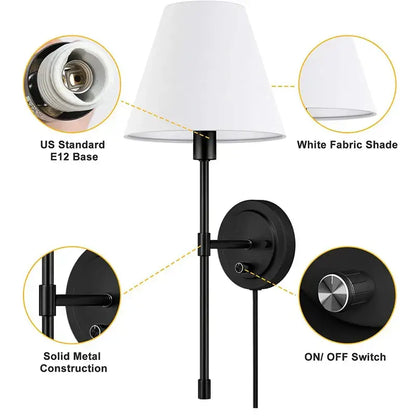 Black metal wall lamp with white fabric shade decorbites american fabric wall sconce for bedroom decor