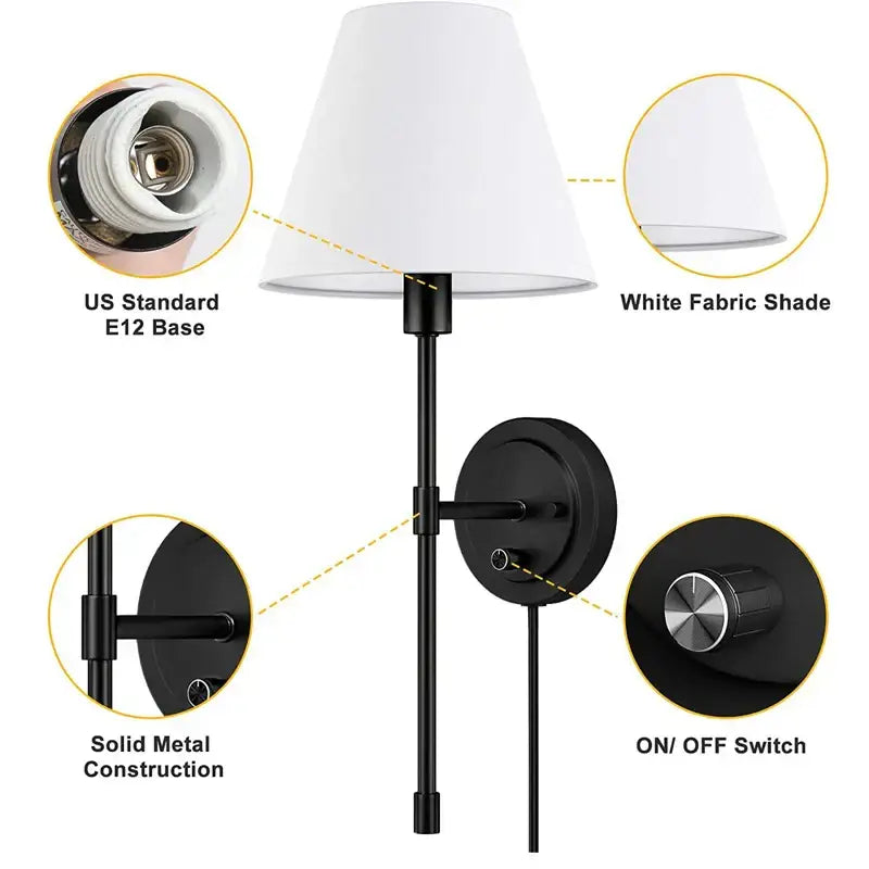 Black metal wall lamp with white fabric shade decorbites american fabric wall sconce for bedroom decor