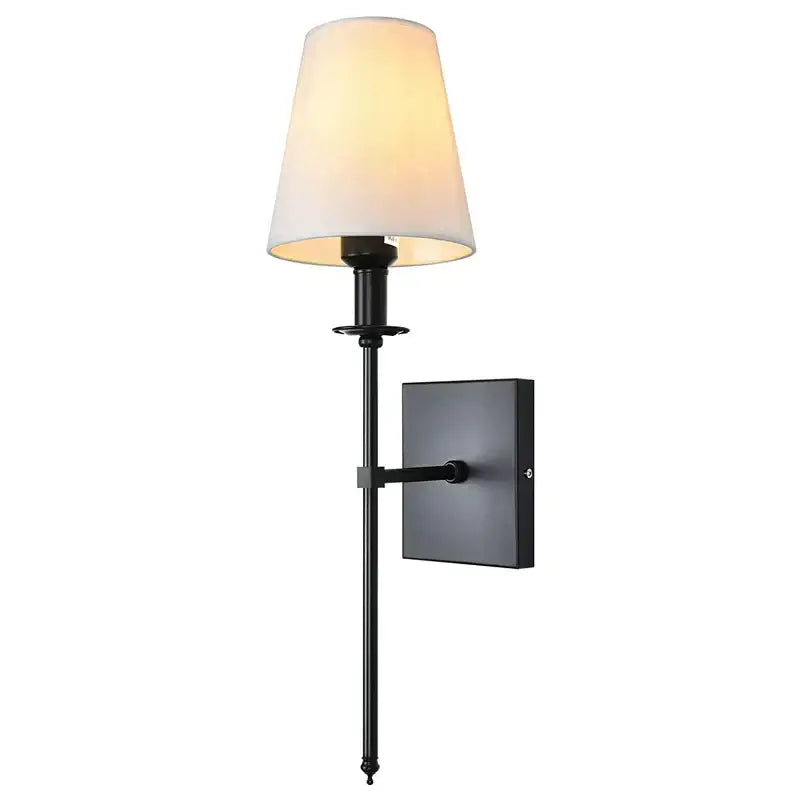 Black wrought iron decorbites american fabric wall lamp with tapered off-white fabric shade for bedroom decor