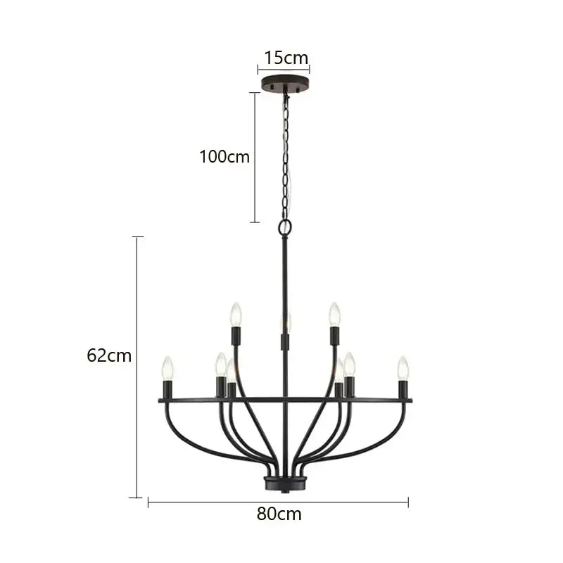 Black wrought iron art retro chandelier with nine candle-style bulbs for American farmhouse dining room decorbites iron art