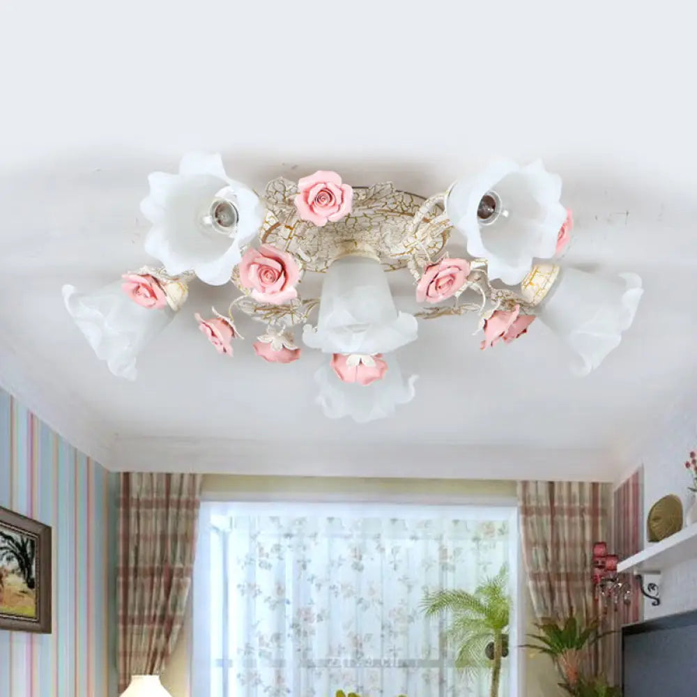 DecorBites™ DecorBites™ American Flower Milk Glass Morning Glory Ceiling Light - Pink Semi Flush Mount with 4/6 Heads