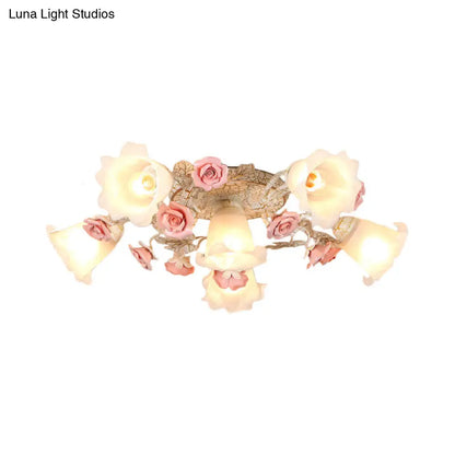 DecorBites™ DecorBites™ American Flower Milk Glass Morning Glory Ceiling Light - Pink Semi Flush Mount with 4/6 Heads
