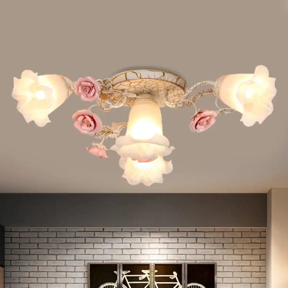 DecorBites™ DecorBites™ American Flower Milk Glass Morning Glory Ceiling Light - Pink Semi Flush Mount with 4/6 Heads