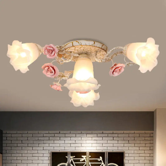 DecorBites™ DecorBites™ American Flower Milk Glass Morning Glory Ceiling Light - Pink Semi Flush Mount with 4/6 Heads