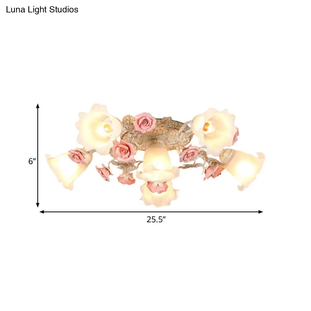 DecorBites™ DecorBites™ American Flower Milk Glass Morning Glory Ceiling Light - Pink Semi Flush Mount with 4/6 Heads