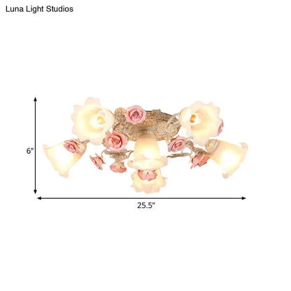 DecorBites™ DecorBites™ American Flower Milk Glass Morning Glory Ceiling Light - Pink Semi Flush Mount with 4/6 Heads