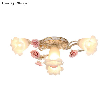 DecorBites™ DecorBites™ American Flower Milk Glass Morning Glory Ceiling Light - Pink Semi Flush Mount with 4/6 Heads