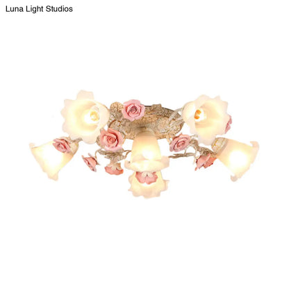 DecorBites™ DecorBites™ American Flower Milk Glass Morning Glory Ceiling Light - Pink Semi Flush Mount with 4/6 Heads