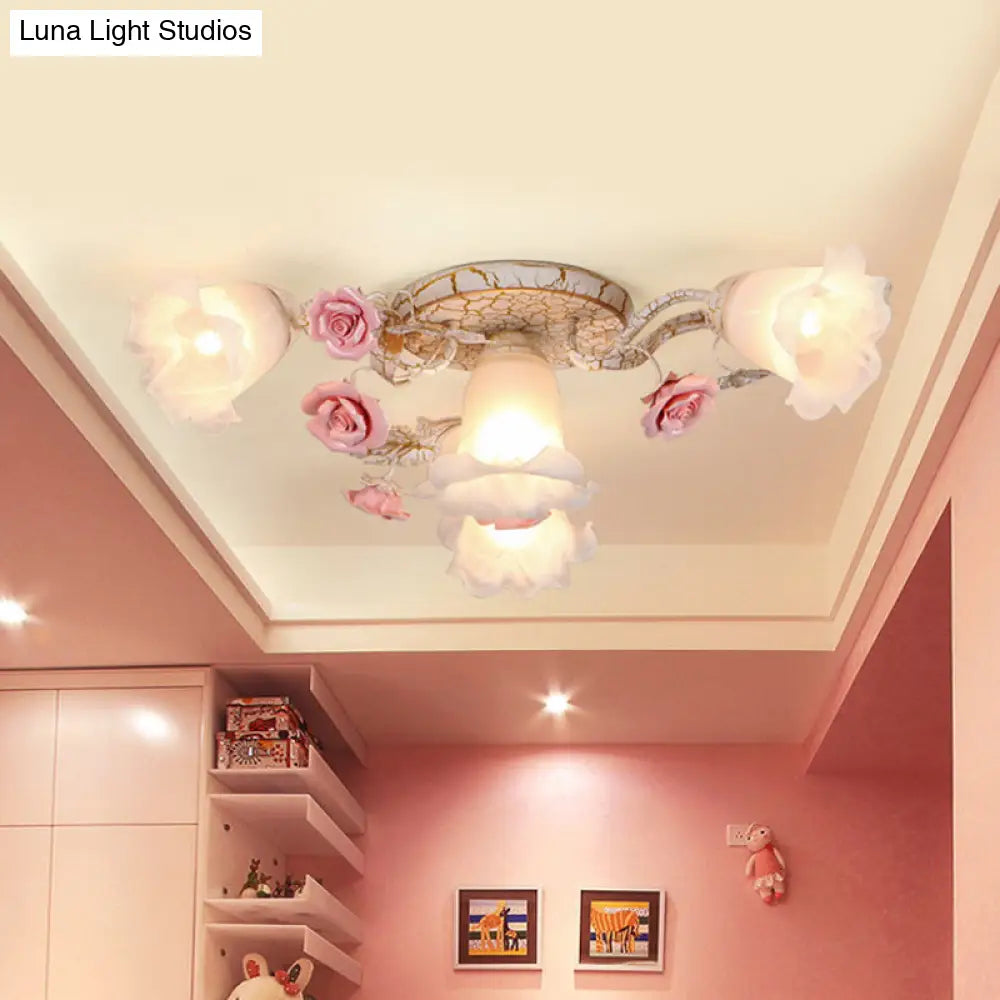 DecorBites™ DecorBites™ American Flower Milk Glass Morning Glory Ceiling Light - Pink Semi Flush Mount with 4/6 Heads