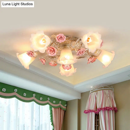 DecorBites™ DecorBites™ American Flower Milk Glass Morning Glory Ceiling Light - Pink Semi Flush Mount with 4/6 Heads