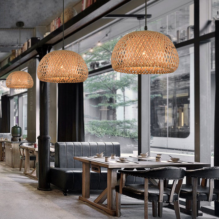 American Garden bamboo woven chandelier pendant lamp with natural brown rattan texture and modern Southeast Asia design