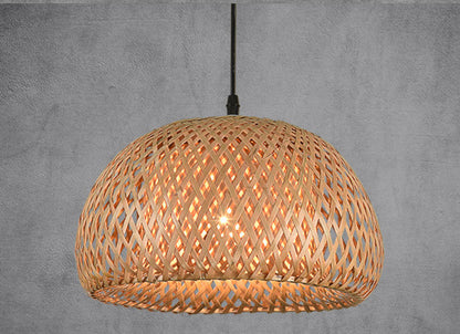 Rattan dome pendant light with woven texture and natural beige color.