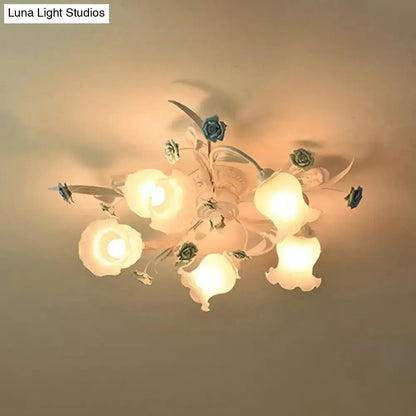 DecorBites™ DecorBites™ American Garden Flower Semi-Flush Mount Light - 5 Bulbs, Frosted White Glass - Ideal for Living Room
