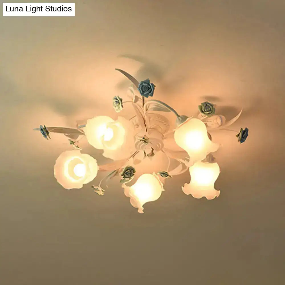 DecorBites™ DecorBites™ American Garden Flower Semi-Flush Mount Light - 5 Bulbs, Frosted White Glass - Ideal for Living Room