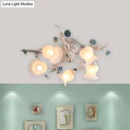 DecorBites™ DecorBites™ American Garden Flower Semi-Flush Mount Light - 5 Bulbs, Frosted White Glass - Ideal for Living Room