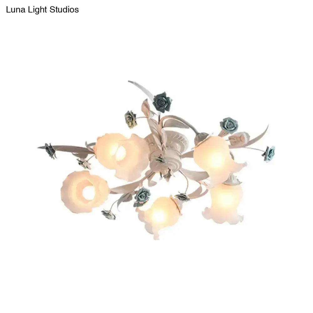 DecorBites™ DecorBites™ American Garden Flower Semi-Flush Mount Light - 5 Bulbs, Frosted White Glass - Ideal for Living Room