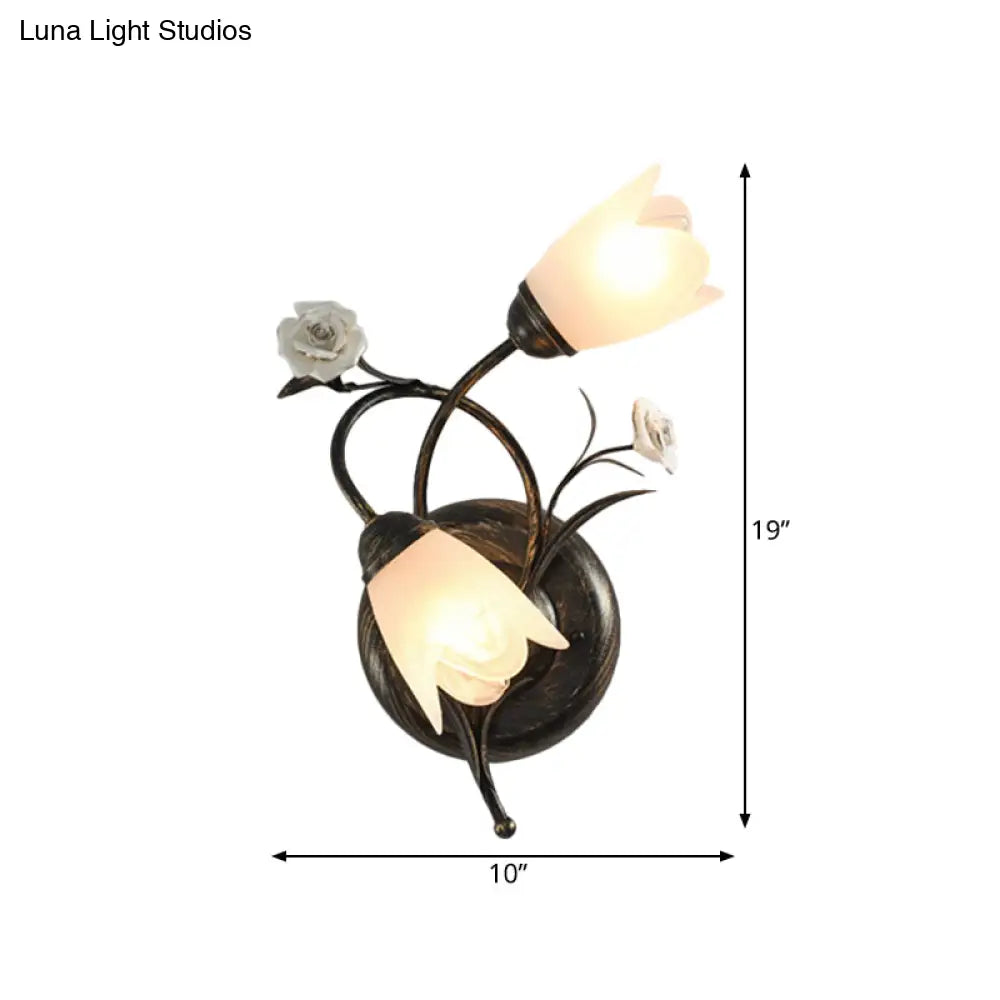 Aplique de pared American Garden Flower con acabado en bronce, pantalla de cristal esmerilado, 2 luces, izquierda/derecha