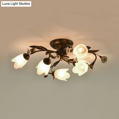 DecorBites™ DecorBites™ American Garden Flowers Ceilng Light - Cream Glass Semi Flush Mount Lighting in Bronze - 4/6/8 Heads
