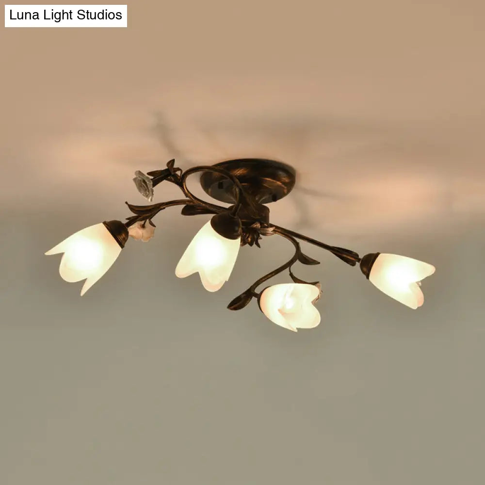 DecorBites™ DecorBites™ American Garden Flowers Ceilng Light - Cream Glass Semi Flush Mount Lighting in Bronze - 4/6/8 Heads
