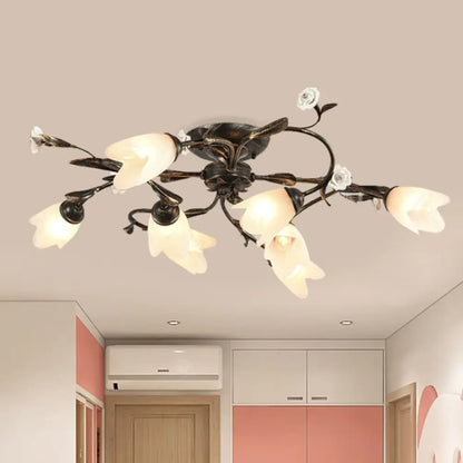 DecorBites™ DecorBites™ American Garden Flowers Ceilng Light - Cream Glass Semi Flush Mount Lighting in Bronze - 4/6/8 Heads