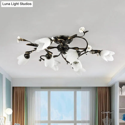 DecorBites™ DecorBites™ American Garden Flowers Ceilng Light - Cream Glass Semi Flush Mount Lighting in Bronze - 4/6/8 Heads