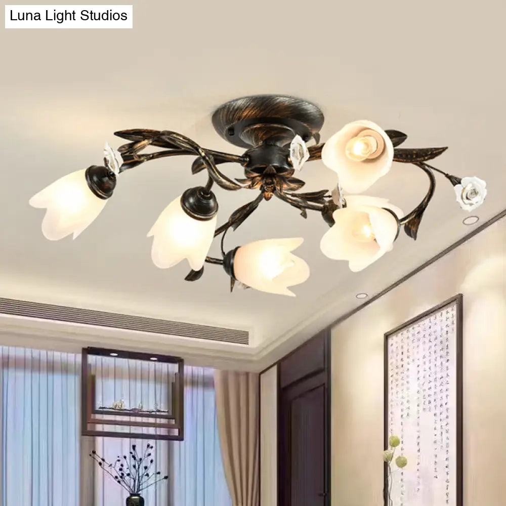 DecorBites™ DecorBites™ American Garden Flowers Ceilng Light - Cream Glass Semi Flush Mount Lighting in Bronze - 4/6/8 Heads