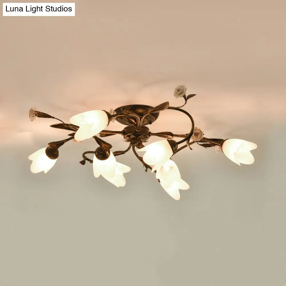 DecorBites™ DecorBites™ American Garden Flowers Ceilng Light - Cream Glass Semi Flush Mount Lighting in Bronze - 4/6/8 Heads